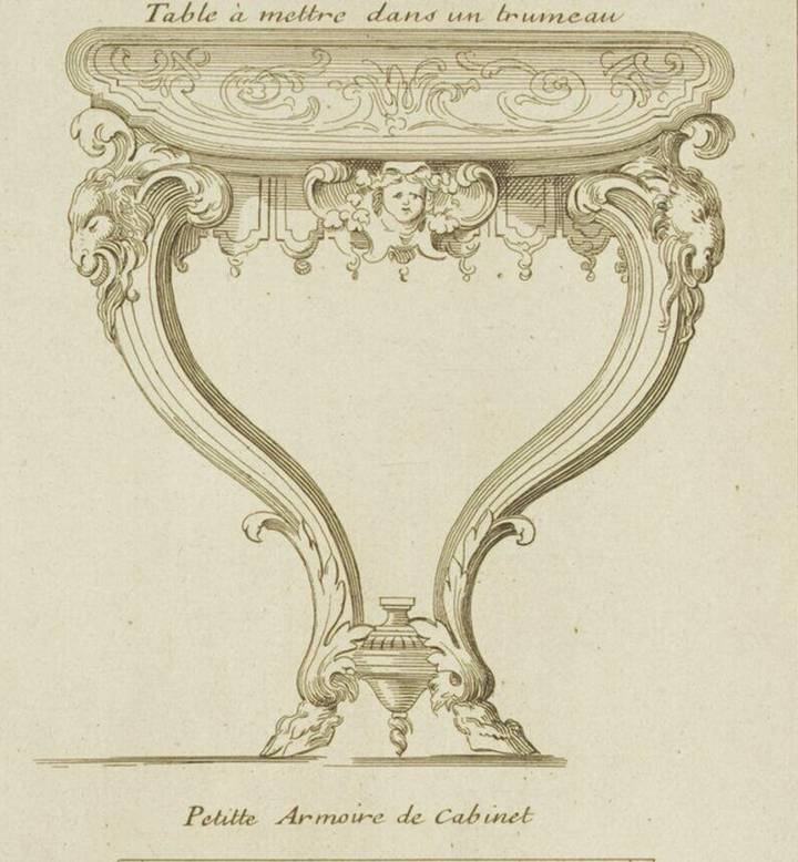 Detail of a plate from Nouveaux Desseins de Meubles et Ouvrages de Bronze et de Marqueterie, André-Charles Boulle, published by Jean Mariette, about 1708, copied by R. Schnor and reprinted by H. Destailleur, 1863. Victoria and Albert Museum (E.41-1915). © Victoria and Albert Museum, London.