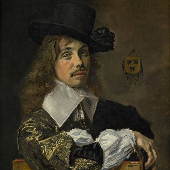 A painting of a man with a beard wearing a hat