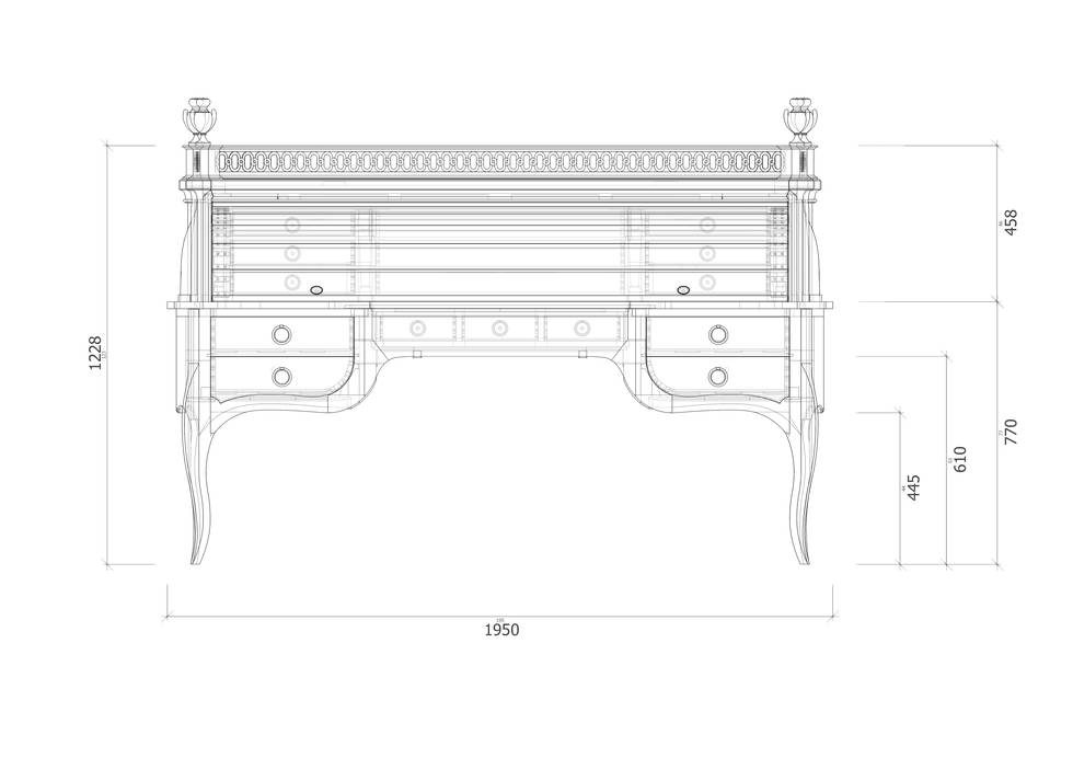 An isometric drawing of a marquetry roll-top desk