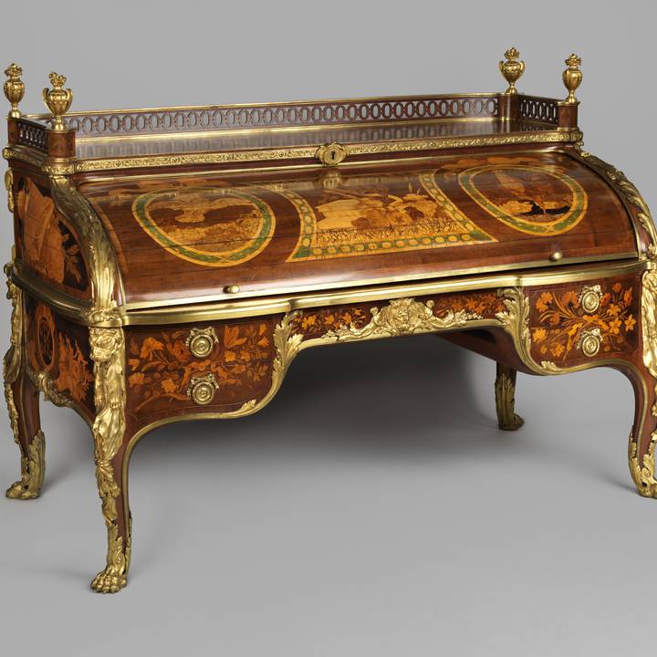 A marquetry roll-top desk, open