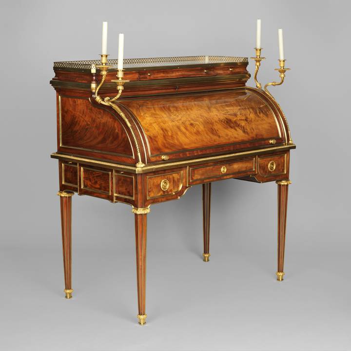 A marquetry roll-top desk, open