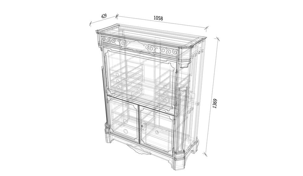 An isometric drawing of a marquetry fall-front desk