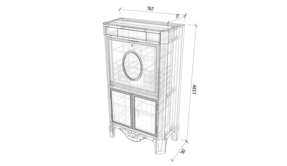 Isometric drawing of a fall-front desk