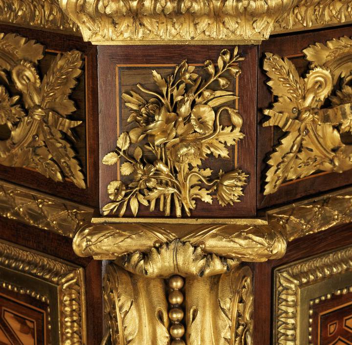 Detail of floral gilt-bronze mount. Jean-Henri Riesener, Fall-front desk, 1783 (F302).