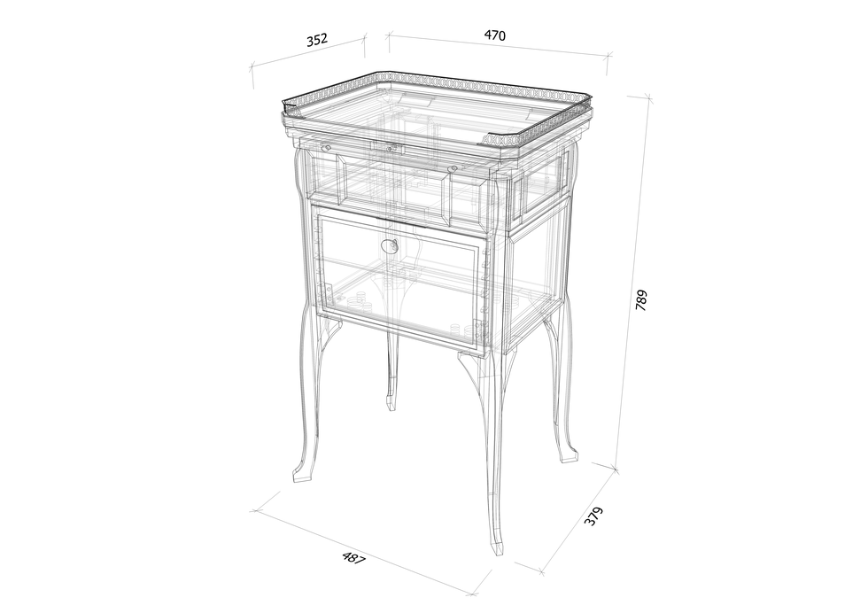 An isometric drawing of a mahogany-veneered writing and toilet table