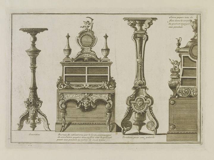 Plate from Nouveaux Desseins de Meubles et Ouvrages de Bronze et de Marqueterie, André-Charles Boulle, published by Jean Mariette, about 1708. Victoria and Albert Museum (E.1091A-1908). © Victoria and Albert Museum, London.