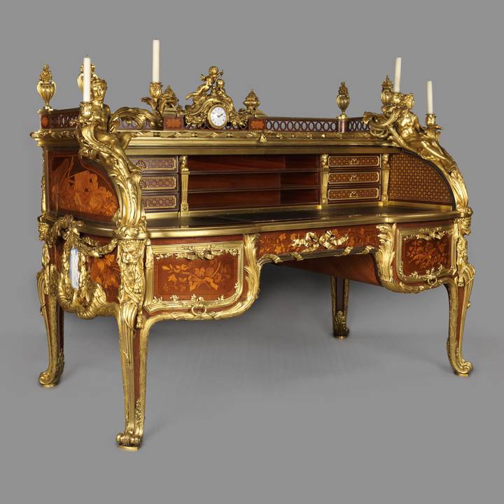 A marquetry roll-top desk, open