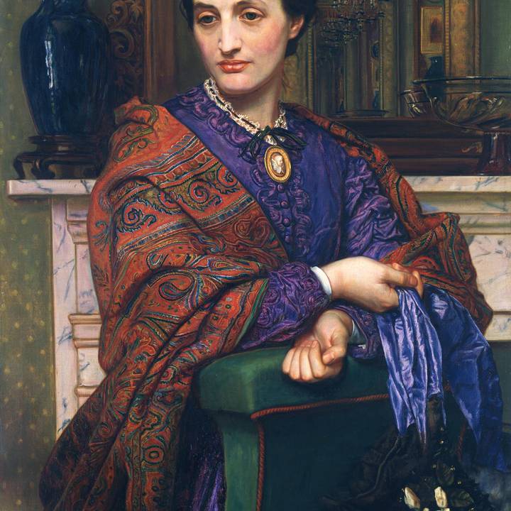 Colourful painting of a woman with a purple dress