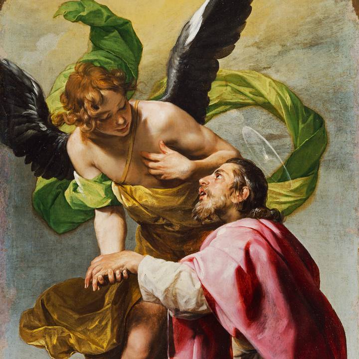 Angel guides man who kneels in front of him