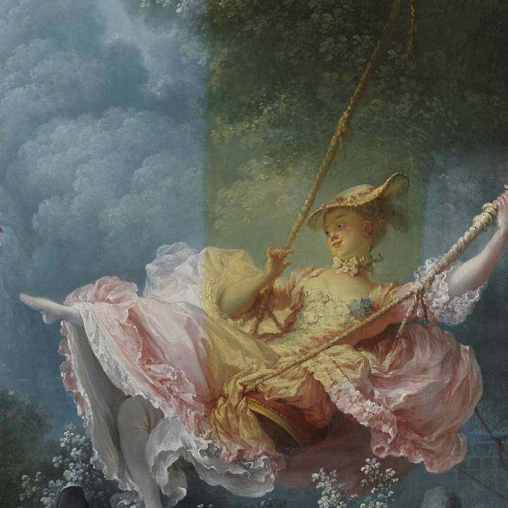 A detail of a painting of a woman being pushed on a swing by two men