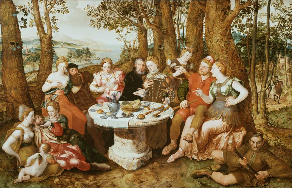 A painting showing various mythological and allegorical figures gathered around a table in woodland