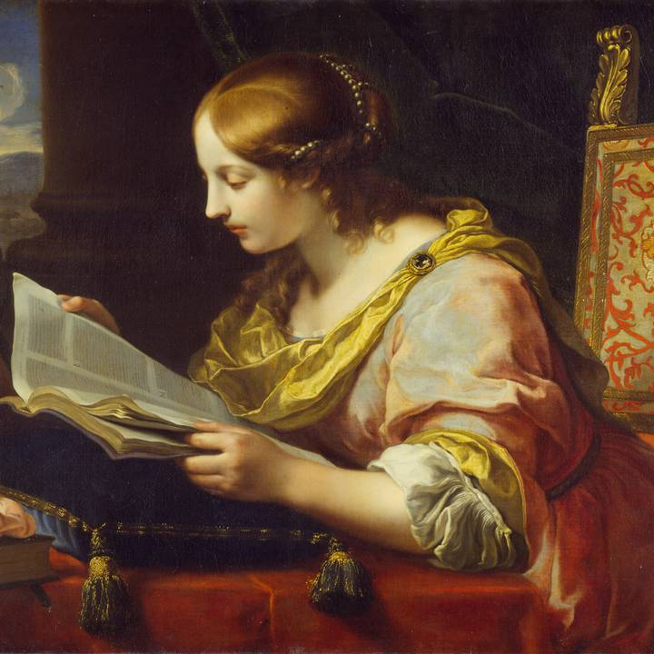 Painting from 1670 of a woman in a silk dress sitting at a desk reading