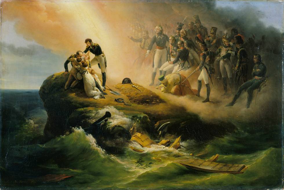 A painting of a group of figures gathered around a burial on a stormy coastline