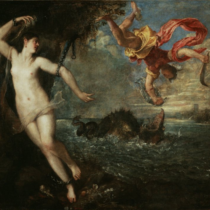 Naked women chained to rocks with man fighting sea monster