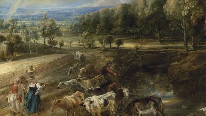 Detail of a painting showing cows and milkmaids in a landscape