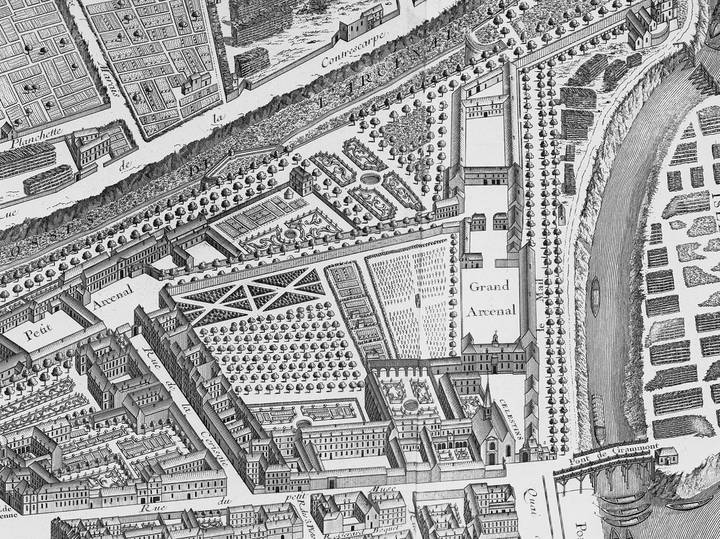 Detail of the Paris Arsenal. Claude Lucas after Louis Bretez, Plan de Paris, 1739. Photograph courtesy of the Main Library, Kyoto University.