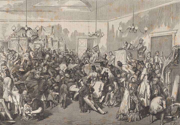 ‘A saleroom at the Hôtel Drouot’, published in Journal illustré, 29 April 1866. Bibliothèque municipale de Bordeaux (Del. Carton 128/113).