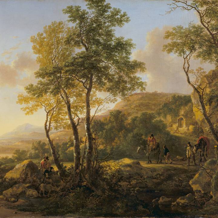 Park landscape with figures sitting and talking and a gardening